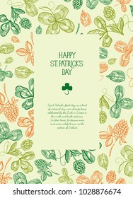Botanical St Patricks Day festive poster with text in rectangular frame and sketch irish clover vector illustration