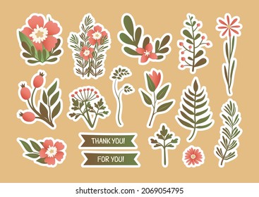 Paquete de emoticones botánicos. Conjunto de ilustraciones planas vectoriales con flores, plantas, bayas, etiquetas, letras. Colección aislada de cliparts florales y herbales para productos naturales, orgánicos, cosméticos.