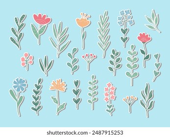 Botanical Stickers set. Abstract Hand drawn floral design elements, icons. Cute natural summer spring Herbs flower collection. Natural flowers plant for scrapbook