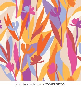 Botanical, style of cut out paper, abstract vector background. Cute colorful seamless pattern with hand drawn flowers, leaves and branches. Simple trendy floral print for fabric, wallpaper, stationery