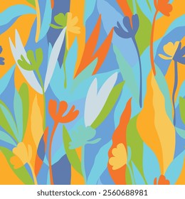 Botanical, style of cut out paper, abstract vector background. Cute colorful seamless pattern with hand drawn flowers, leaves and branches. Simple trendy floral print for fabric, wallpaper, stationery