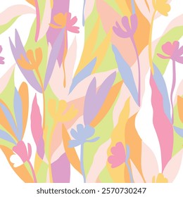Botanical, style of cut out paper, abstract vector background. Cute colorful seamless pattern with hand drawn flowers, leaves and branches. Simple trendy floral print for fabric, wallpaper, stationery