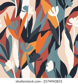 Botanical, style of cut out paper, abstract vector background. Cute colorful seamless pattern with hand drawn flowers, leaves and branches. Simple trendy floral print for fabric, wallpaper, stationery