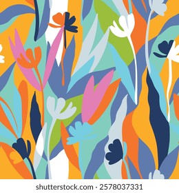 Botanical, style of cut out paper, abstract vector background. Cute colorful seamless pattern with hand drawn flowers, leaves and branches. Simple trendy floral print for fabric, wallpaper, stationery