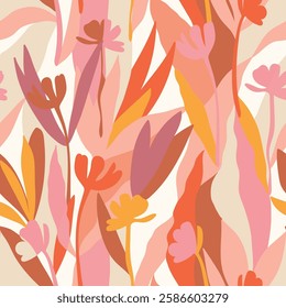 Botanical, style of cut out paper, abstract vector background. Cute colorful seamless pattern with hand drawn flowers, leaves and branches. Simple trendy floral print for fabric, wallpaper, stationery