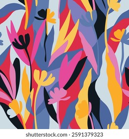 Botanical, style of cut out paper, abstract vector background. Cute colorful seamless pattern with hand drawn flowers, leaves and branches. Simple trendy floral print for fabric, wallpaper, stationery