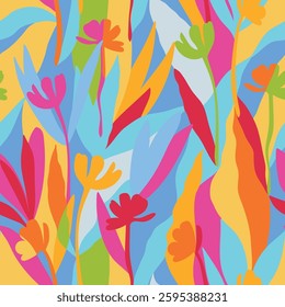 Botanical, style of cut out paper, abstract vector background. Cute colorful seamless pattern with hand drawn flowers, leaves and branches. Simple trendy floral print for fabric, wallpaper, stationery