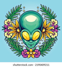 Botanical summer floral alien head vector illustrations for your work logo, merchandise t-shirt, stickers and label designs, poster, greeting cards advertising business company or brands