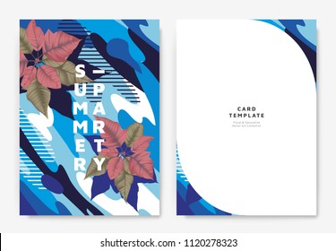 Botanical summer party invitation card template design, red and green Poinsettia plant with colorful abstract graphic shapes, blue tone