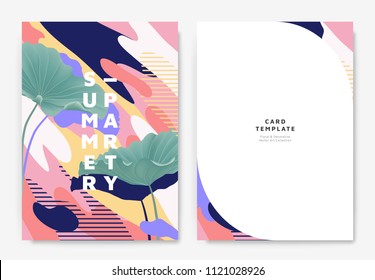 Botanical summer party invitation card template design, green lotus leaves with colorful abstract graphic shapes, pink,blue and yellow tones Botanical summer party invitation card template design, green lotus leaves with colorful abstract graphic shapes, pink,blue and yellow tones