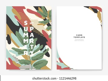 Botanical summer party invitation card template design, green leaves with colorful abstract graphic shapes, blue, red and yellow tones