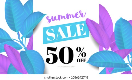 Botanical summer sale banner template design, Ficus Elastica / rubber plant, blue and purple tones