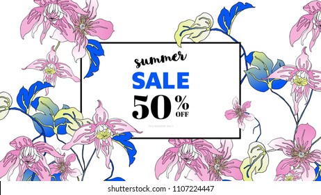 Botanical summer sale banner template design, hand drawn Clematis alpina flowers, blue and pink tones
