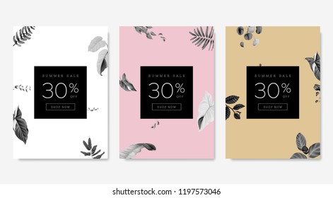 Botanical summer sale banner template design set, black and white foliage on white, pink and brown, pastel vintage theme