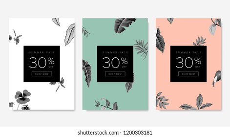 Botanical summer sale banner template design set, black and white foliage on white, green and pink, pastel vintage theme