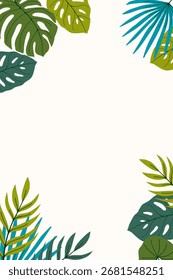 Plantilla botánica de verano con espacio para texto. Ramas tropicales en colores azul y verde. Diseño de moda para el fondo, tarjeta, cartel, marco, Anuncio, cubierta, anuncios