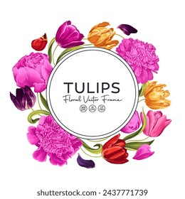 Botanical template round composition. Floral round frame with realistic hand drawn colorful tulip and peony flowers in realistic style. Spring composition with text space for your product design