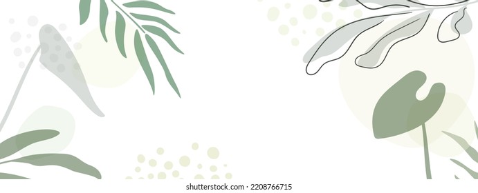 Botanical template with tropical leaves and place for text in muted green colors. Rectangular vector illustration in naive style for promotion, discounts, advertising.