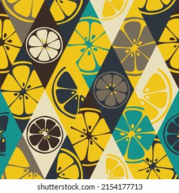 Botanical textile with paradise fruits. Abstract colored yellow seamless pattern. Vector illustration of lime, pomelo, citron, mandarin.
