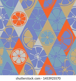Botanical textile with paradise fruits in pastel colour. Jungle blue  seamless pattern. Vector illustration of lime, pomelo, citron, mandarin.