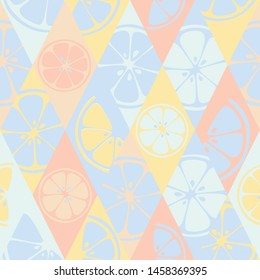 Botanical textile with paradise fruits in pastel colour. Jungle blue  seamless pattern. Vector illustration of lime, pomelo, citron, mandarin.