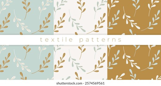 Botanical textile patterns, set herbal patterns with twigs in pastel colors. Vector illustration