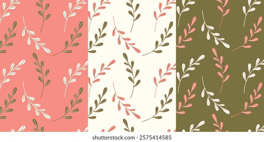 Botanical textile patterns, set herbal patterns with twigs in pastel pink colors.