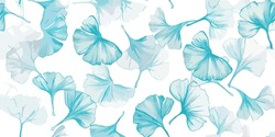 Botanical texture background with ginkgo biloba leaves in soft blue tones. Ginkgo biloba leaves. Seamless pattern, background. Vector illustration. In botanical style