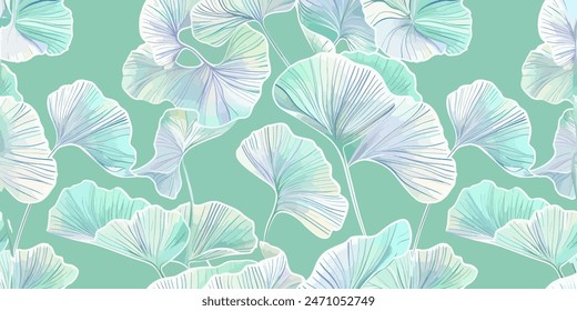 Botanical texture background with ginkgo biloba leaves in soft green tones. Ginkgo biloba leaves. Seamless pattern, background. Vector illustration. In botanical style