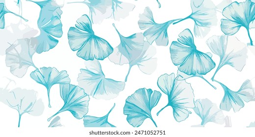 Botanical texture background with ginkgo biloba leaves in soft blue tones. Ginkgo biloba leaves. Seamless pattern, background. Vector illustration. In botanical style