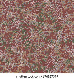 Botanical Texture of Herbage or Grass Cover. Seamless Pattern with Branches and Leaves of Wild Plants. Bright Modern Rapport for Textile, Cloth, Linen, Dress