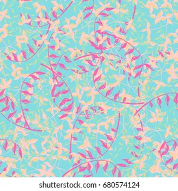 Botanical Texture of Herbage or Grass Cover. Seamless Pattern with Branches and Leaves of Wild Plants. Bright Modern Rapport for Textile, Cloth, Linen, Dress