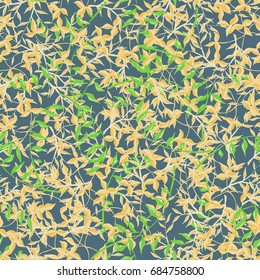 Botanical Texture of Herbage or Grass Cover. Seamless Pattern with Branches and Leaves of Wild Plants. Bright Modern Rapport for Textile, Cloth, Linen, Dress