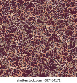 Botanical Texture of Herbage or Grass Cover. Seamless Pattern with Branches and Leaves of Wild Plants. Bright Modern Rapport for Textile, Cloth, Linen, Dress
