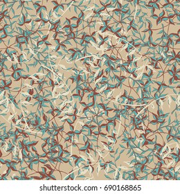 Botanical Texture of Herbage or Grass Cover. Seamless Pattern with Branches and Leaves of Wild Plants. Bright Modern Rapport for Textile, Cloth, Linen, Dress