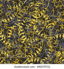 Botanical Texture of Herbage or Grass Cover. Seamless Pattern with Branches and Leaves of Wild Plants. Bright Modern Rapport for Textile, Cloth, Linen, Dress