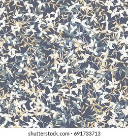 Botanical Texture of Herbage or Grass Cover. Seamless Pattern with Branches and Leaves of Wild Plants. Bright Modern Rapport for Textile, Cloth, Linen, Dress