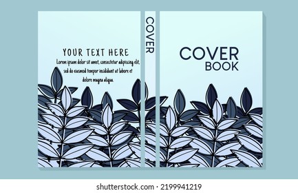 Botanical theme blue book cover. hand drawn design with leaf pattern. For notebooks, planners, brochures, books, catalogs etc. Vector illustration.