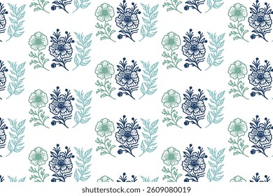 botanical tile design with hand drawn floral stems and foliage in seamless pattern for wrapping fabric skirts and table tops

