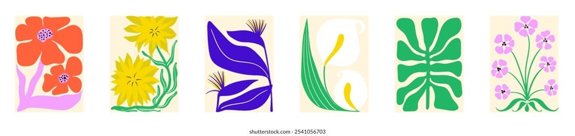 Botanical Travel Postcard with Organic Forms With Flowers and Leaves. Floral Summer Sticker Illustration. Kitchen Wall Hanging with Positive Nature Design