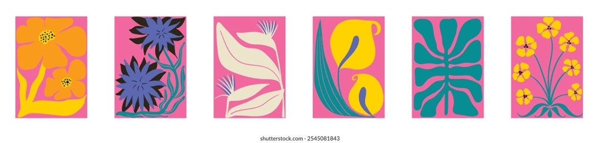 Botanical Travel Postcard with Organic Forms With Flowers and Leaves. Floral Summer Sticker Illustration. Kitchen Wall Hanging with Positive Nature Design
