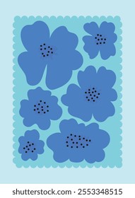 Botanical Travel Postcard with Organic Forms With Flowers and Leaves. Floral Summer Sticker Illustration. Kitchen Wall Hanging. Positive Nature Design. MInimalistic Interior Poster Blue and Indigo