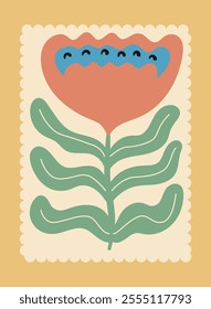Botanical Travel Postcard with Organic Forms With Flowers and Leaves. Kitchen Wall Hanging. Positive Nature Design. Red, Green Blue Floral Summer Sticker Illustration. MInimalistic Interior Poster