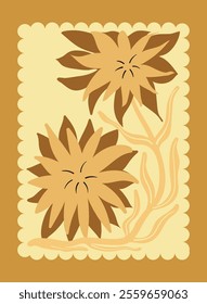 Botanical Travel Postcard with Organic Forms With Flowers and Leaves. Gold Grey Kitchen Wall Hanging. Positive Nature Design. Floral Summer Sticker Illustration. MInimalistic Interior Poster