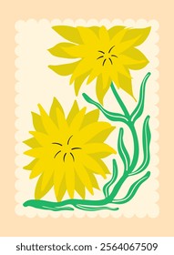 Botanical Travel Postcard with Organic Forms With Flowers and Leaves. MInimalistic Interior Poster Floral Summer Sticker Illustration. Red, Green Blue Kitchen Wall Hanging. Positive Nature Design.