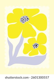 Botanical Travel Postcard with Organic Forms With Flowers and Leaves. Kitchen Wall Hanging. Positive Nature Design. MInimalistic Interior Poster Blue, Yellow Red Floral Summer Sticker Illustration.