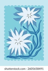 Botanical Travel Postcard with Organic Forms With Flowers and Leaves. MInimalistic Interior Poster Floral Summer Sticker Illustration. Blue and Indigo Kitchen Wall Hanging. Positive Nature Design.