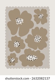 Botanical Travel Postcard with Organic Forms With Flowers and Leaves. Kitchen Wall Hanging. Positive Nature Design. Grey and Brown Floral Summer Sticker Illustration. MInimalistic Interior Poster