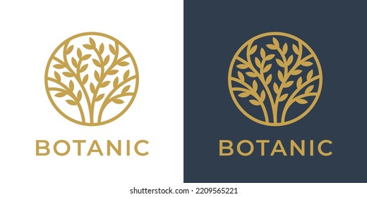 Botanical tree logo. Floral plant icon. Nature leaves symbol. Eco garden emblem. Natural organic product sign. Vector illustration.