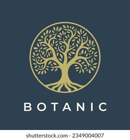 Botanical tree logo mark design. Organic nature icon. Natural plant emblem. Tree of life symbol. Vector illustration.